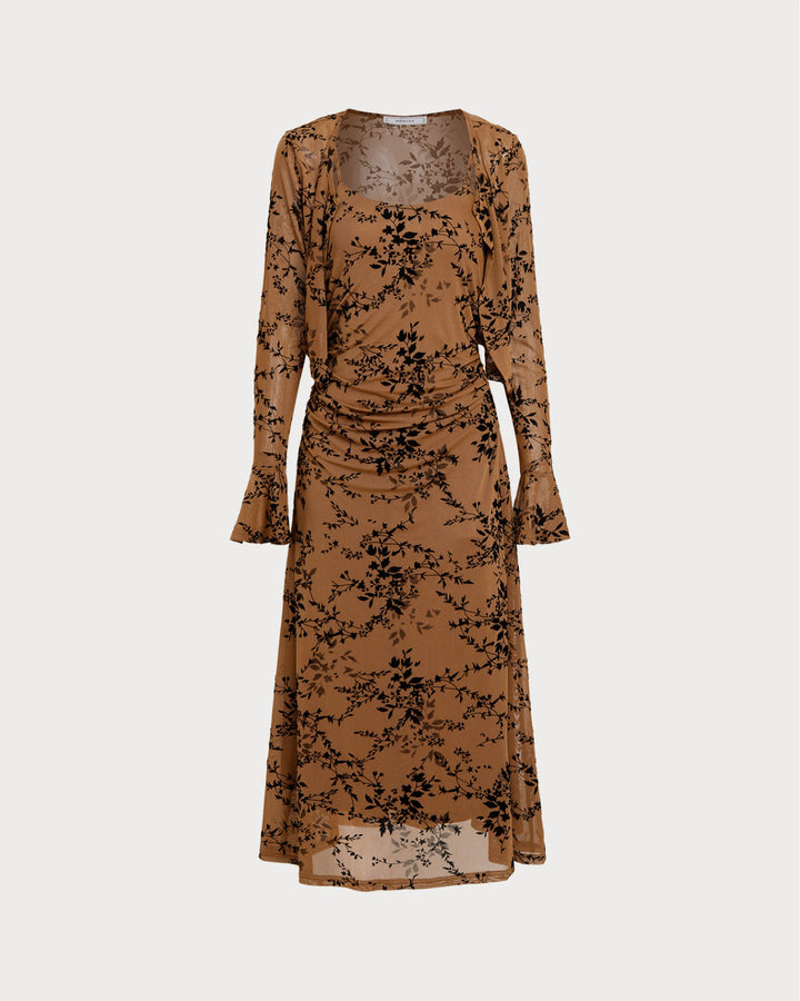 SALE | Brown Floral Two-piece Midi Dress