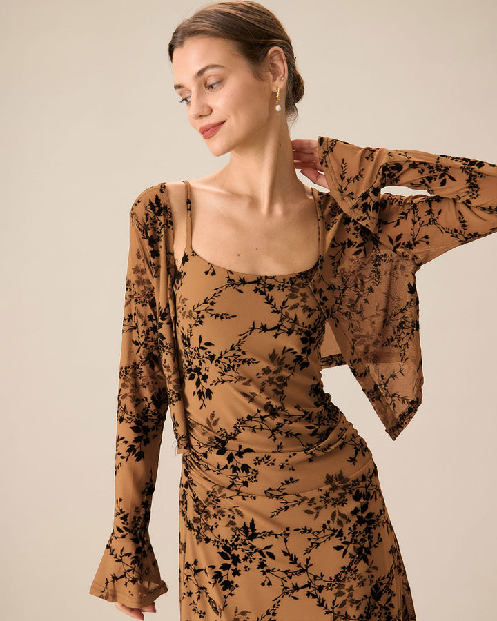 SALE | Brown Floral Two-piece Midi Dress