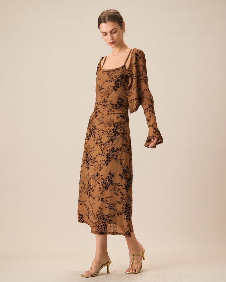 SALE | Brown Floral Two-piece Midi Dress