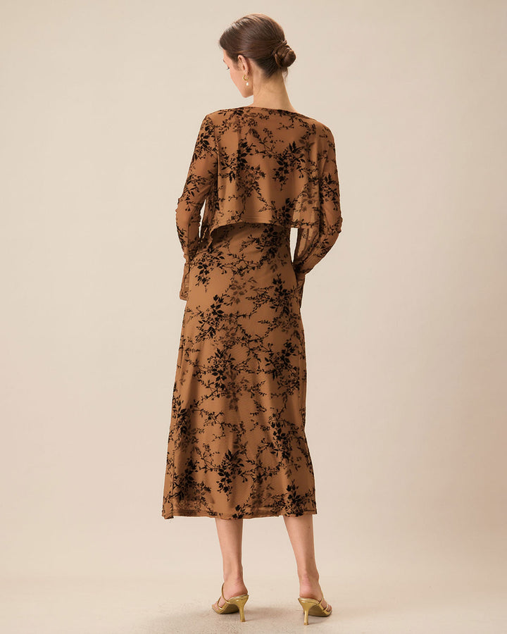 SALE | Brown Floral Two-piece Midi Dress