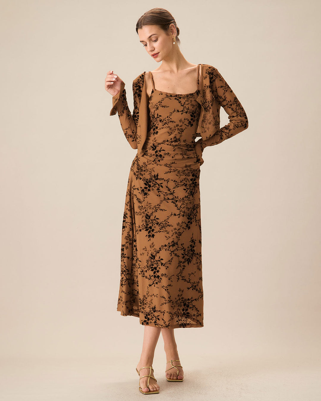 SALE | Brown Floral Two-piece Midi Dress