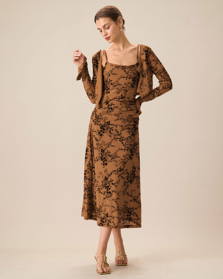 SALE | Brown Floral Two-piece Midi Dress