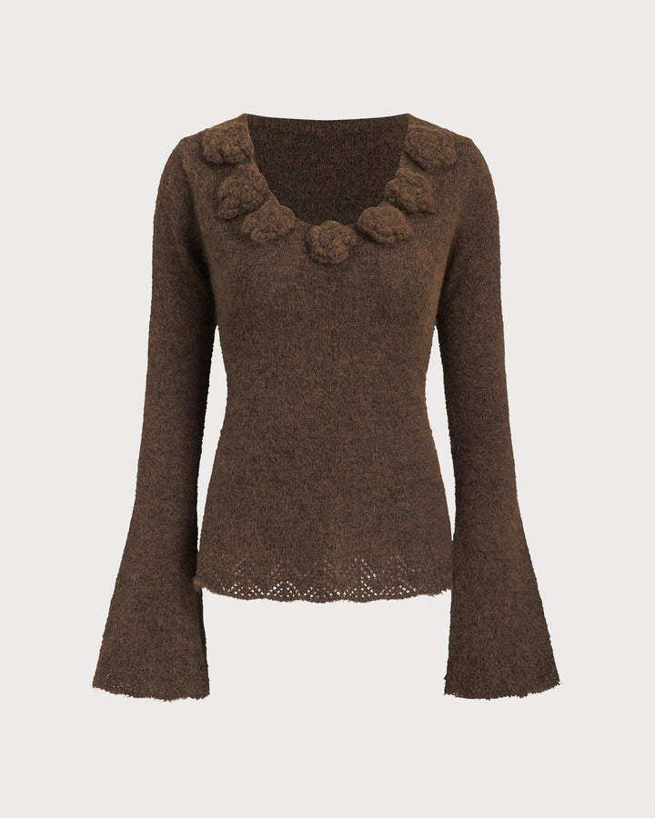 SALE | Brown V Neck Bell Sleeve Sweater