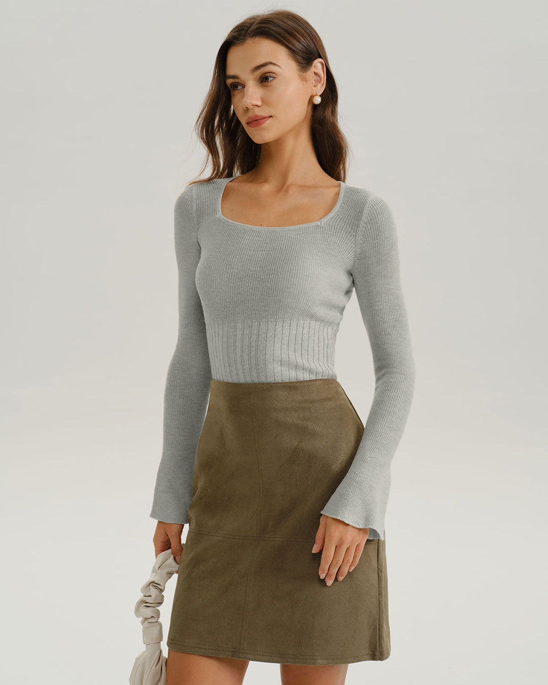 SALE | Grey Ribbed Knit Bell Sleeve Tee