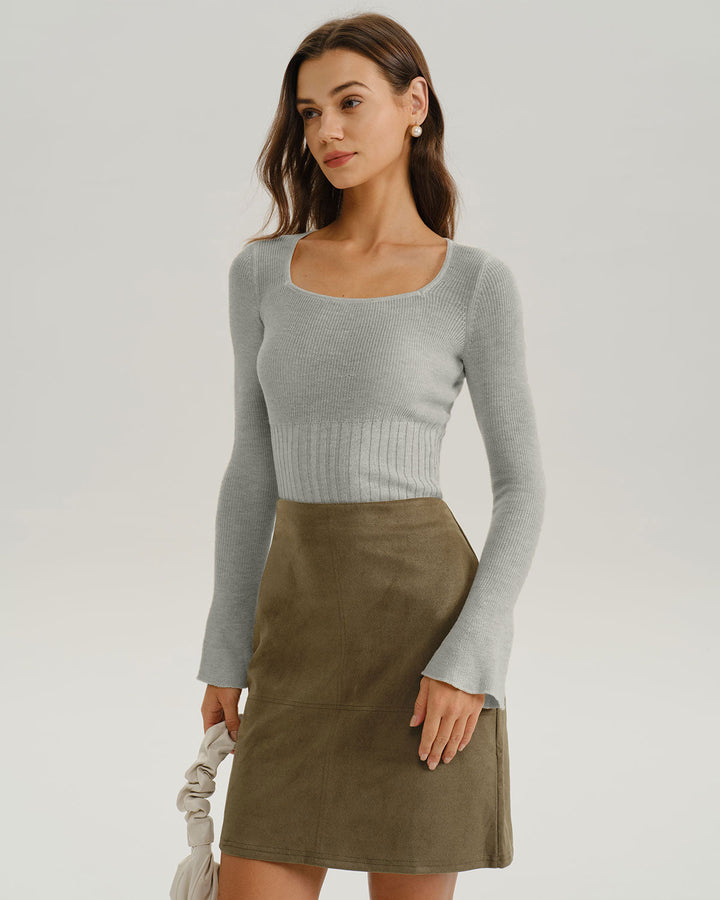SALE | Grey Ribbed Knit Bell Sleeve Tee