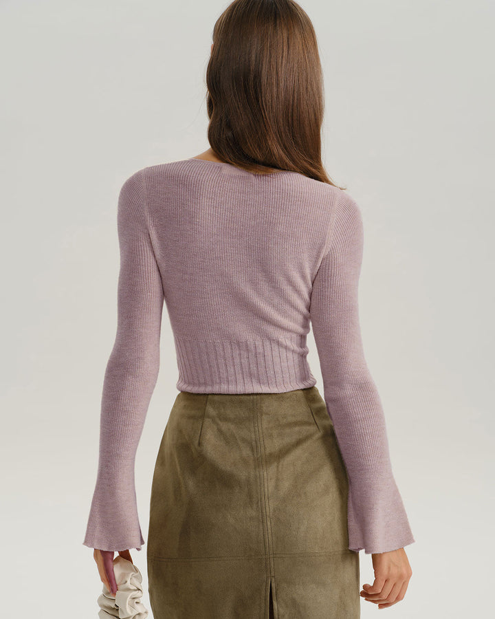 SALE | Purple Ribbed Knit Bell Sleeve Tee