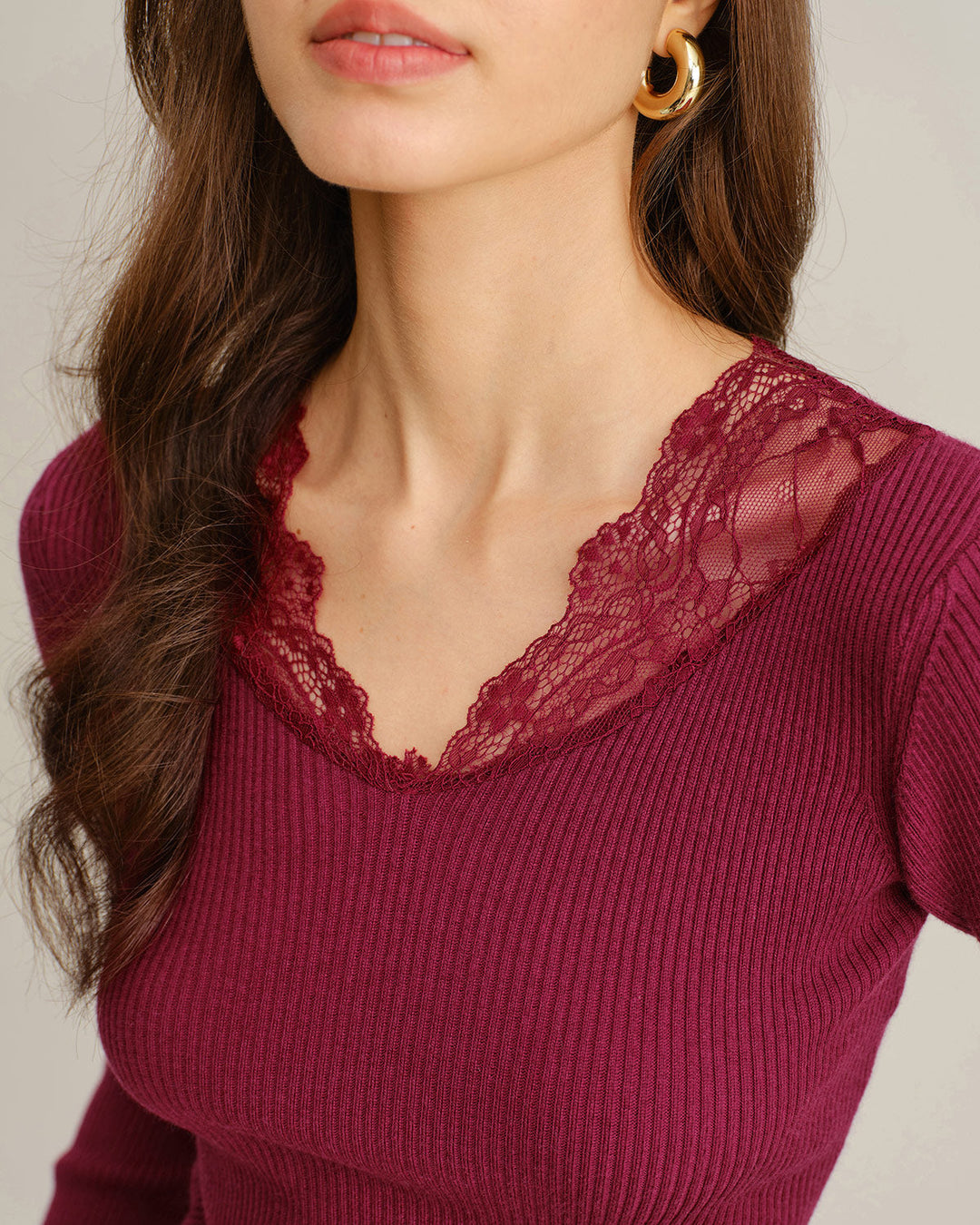 SALE | Wine Red V Neck Ribbed Knit Tee