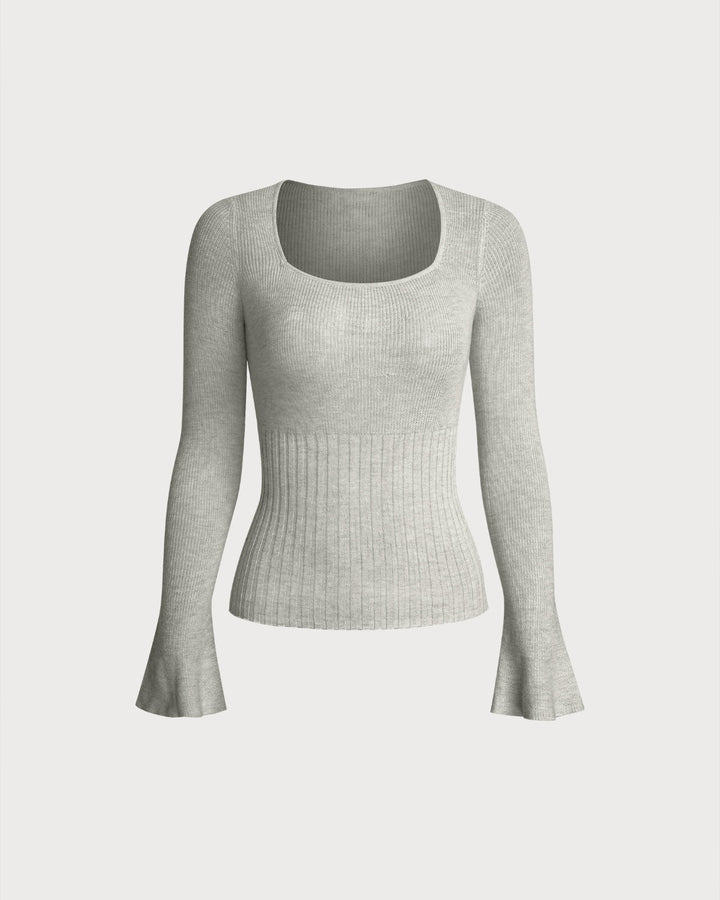 SALE | Grey Ribbed Knit Bell Sleeve Tee