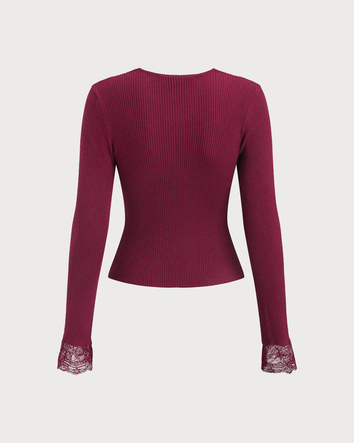 SALE | Wine Red V Neck Ribbed Knit Tee