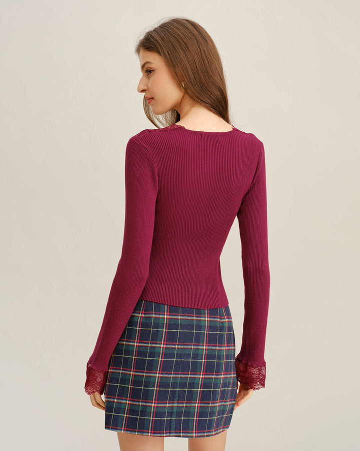 SALE | Wine Red V Neck Ribbed Knit Tee