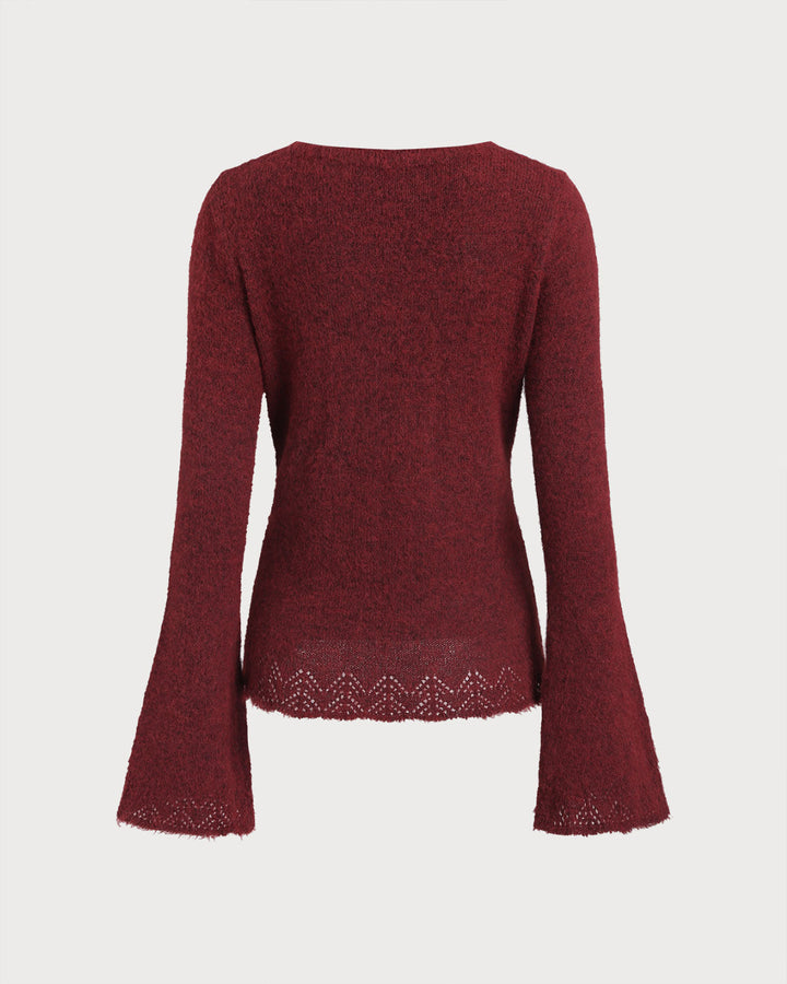 SALE | Wine Red V Neck Bell Sleeve Sweater