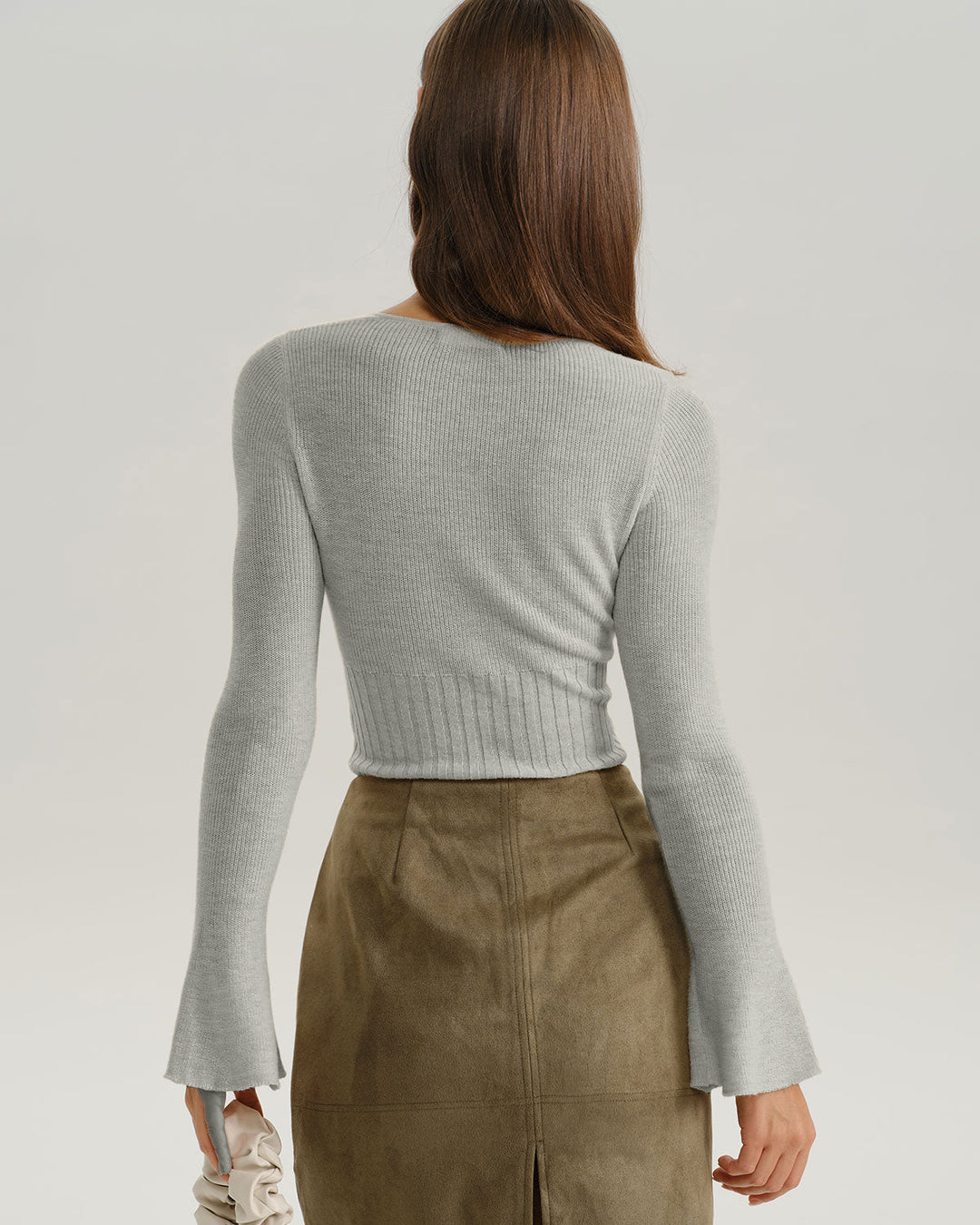 SALE | Grey Ribbed Knit Bell Sleeve Tee
