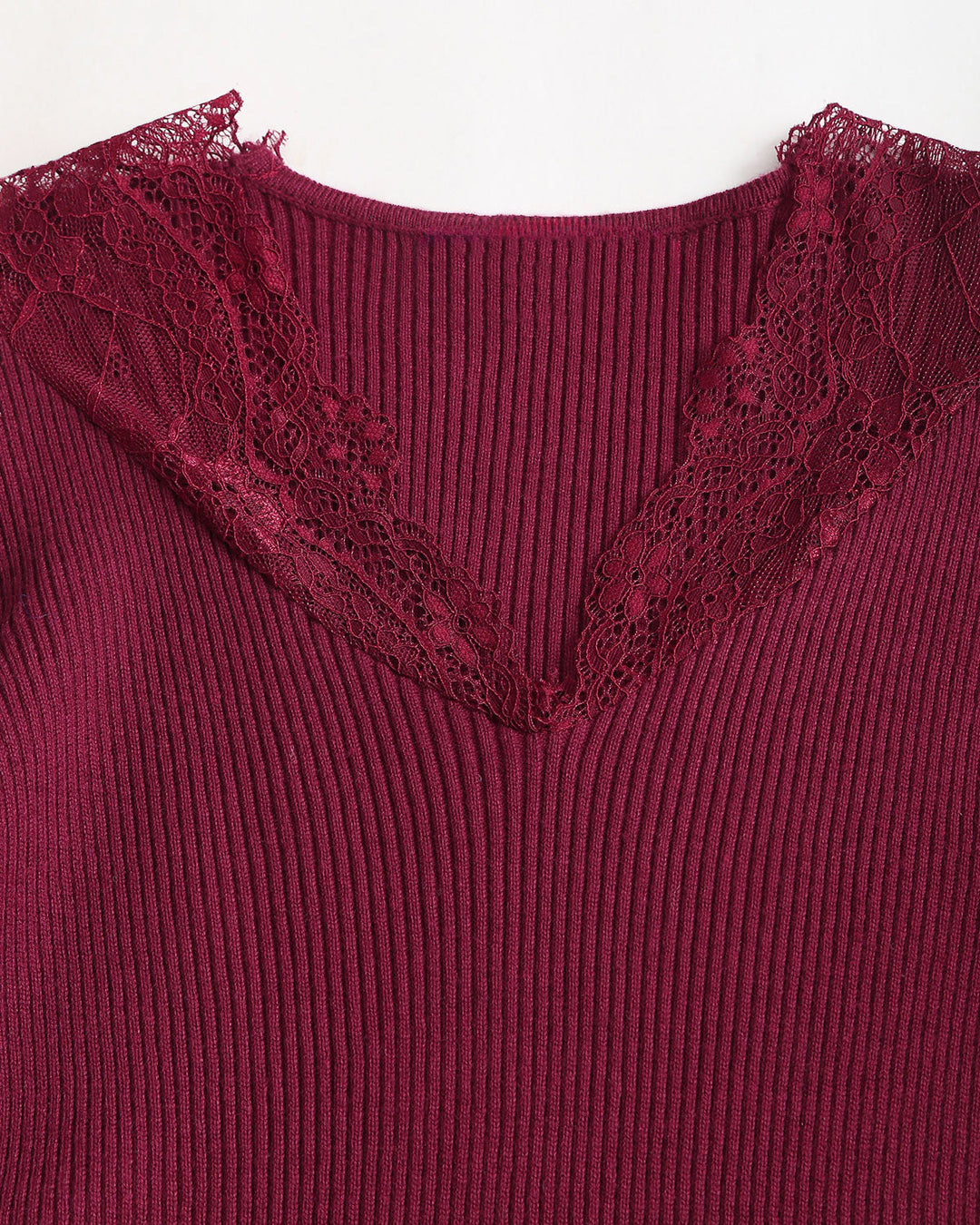 SALE | Wine Red V Neck Ribbed Knit Tee