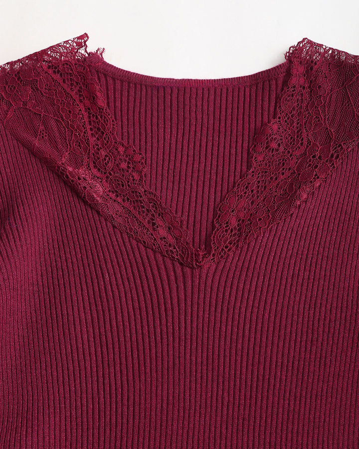 SALE | Wine Red V Neck Ribbed Knit Tee