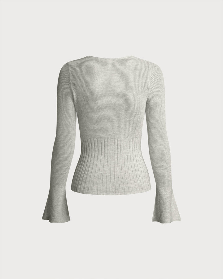 SALE | Grey Ribbed Knit Bell Sleeve Tee