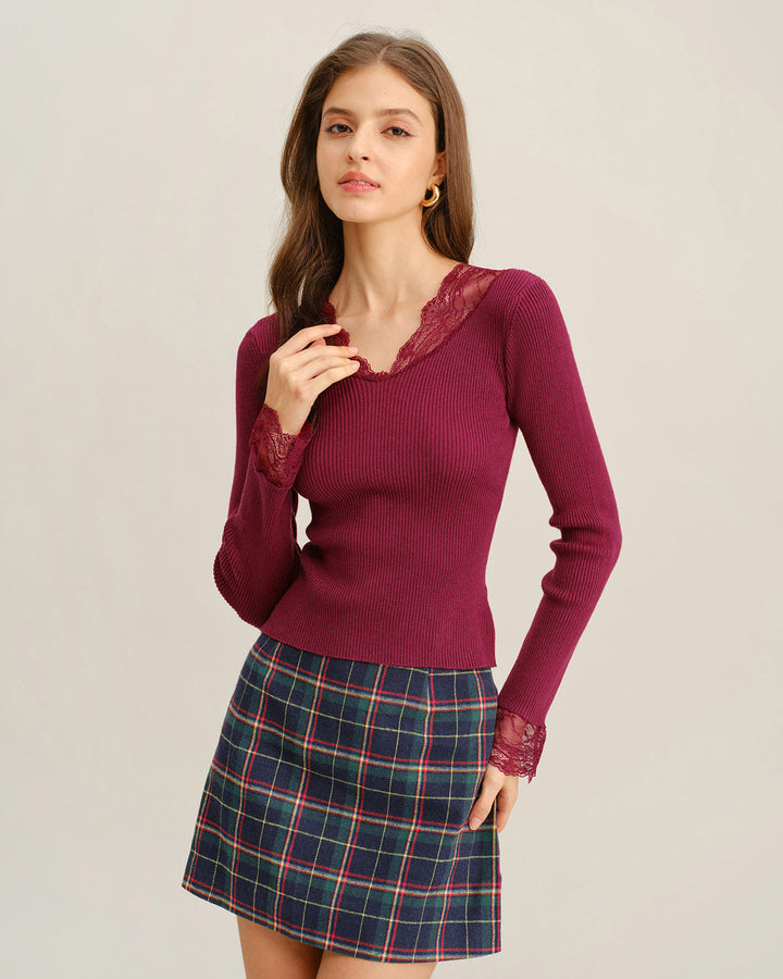 SALE | Wine Red V Neck Ribbed Knit Tee