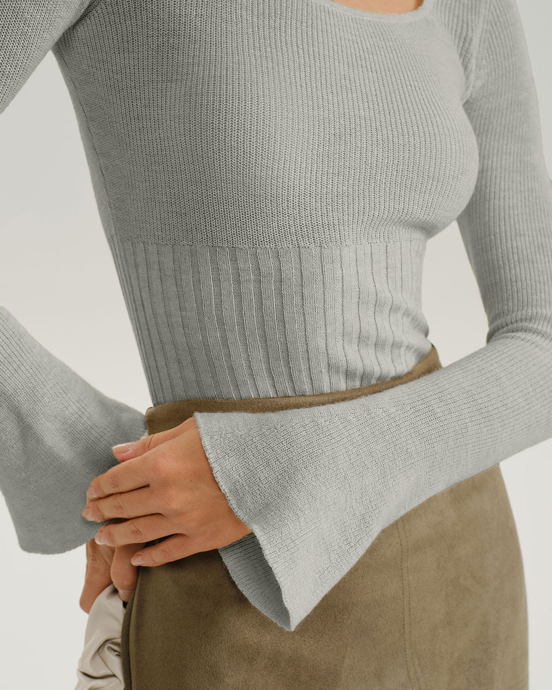 SALE | Grey Ribbed Knit Bell Sleeve Tee