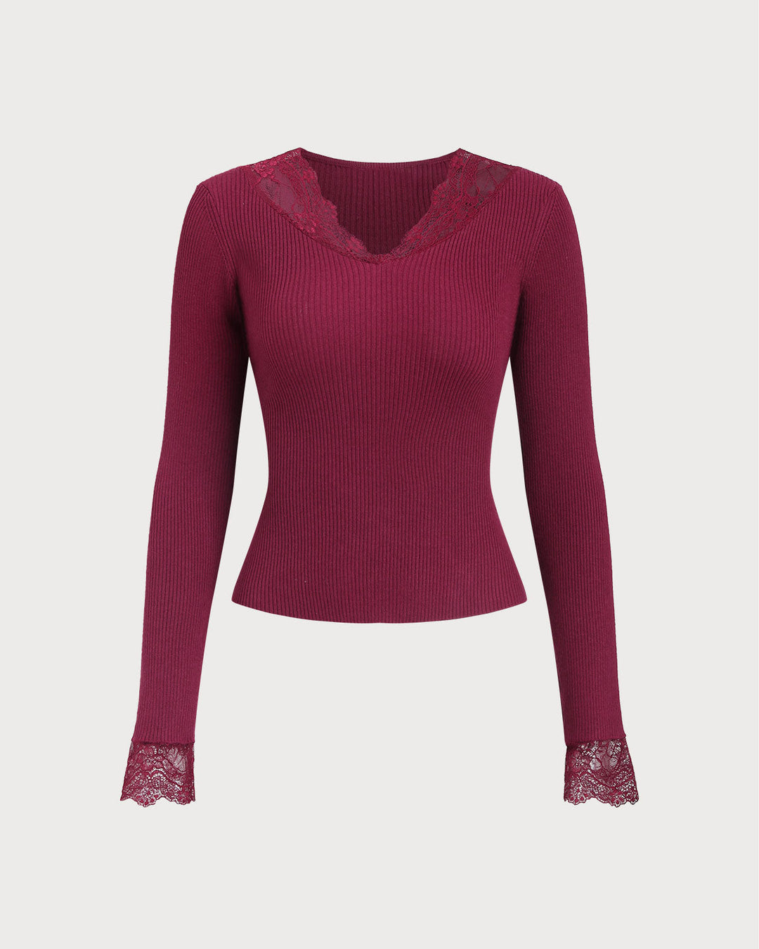 SALE | Wine Red V Neck Ribbed Knit Tee
