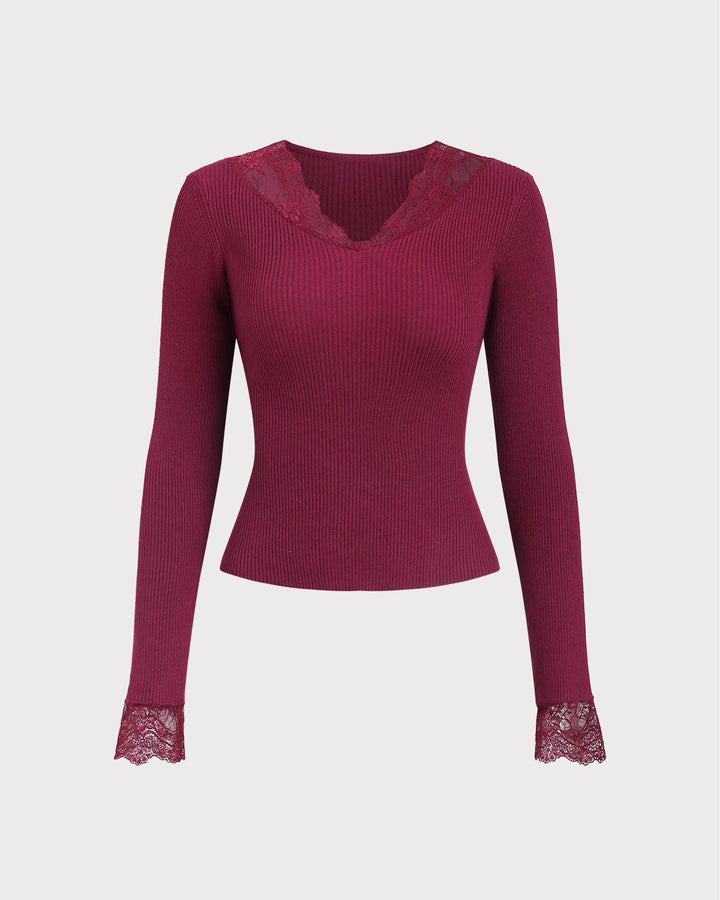 SALE | Wine Red V Neck Ribbed Knit Tee