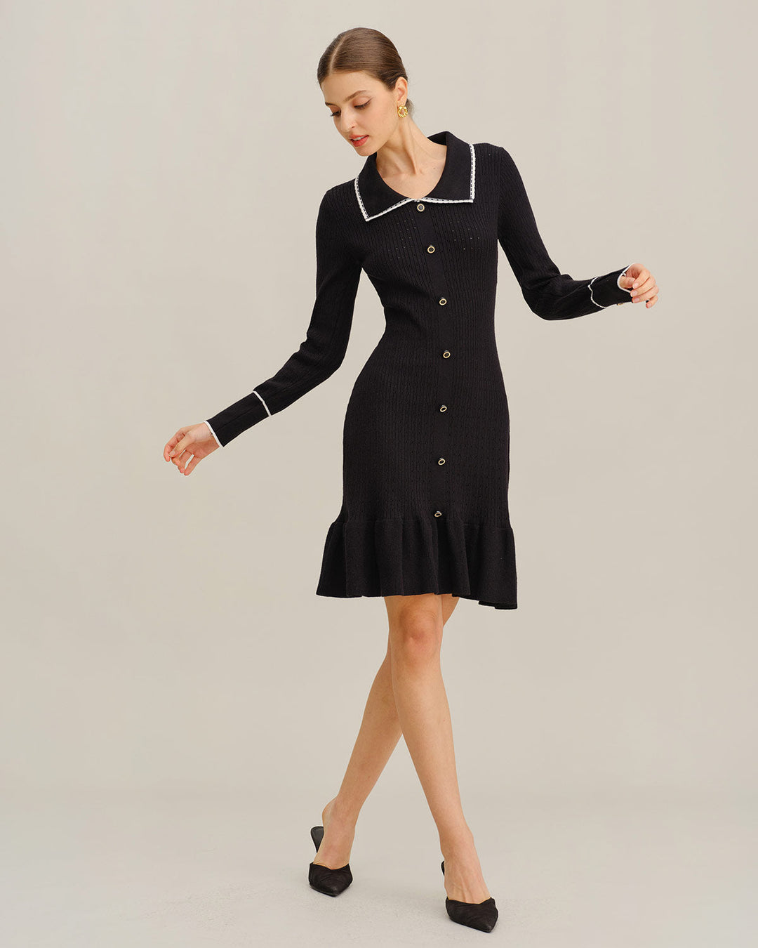 SALE | Black Contrasting Bodycon Button Sweater Dress