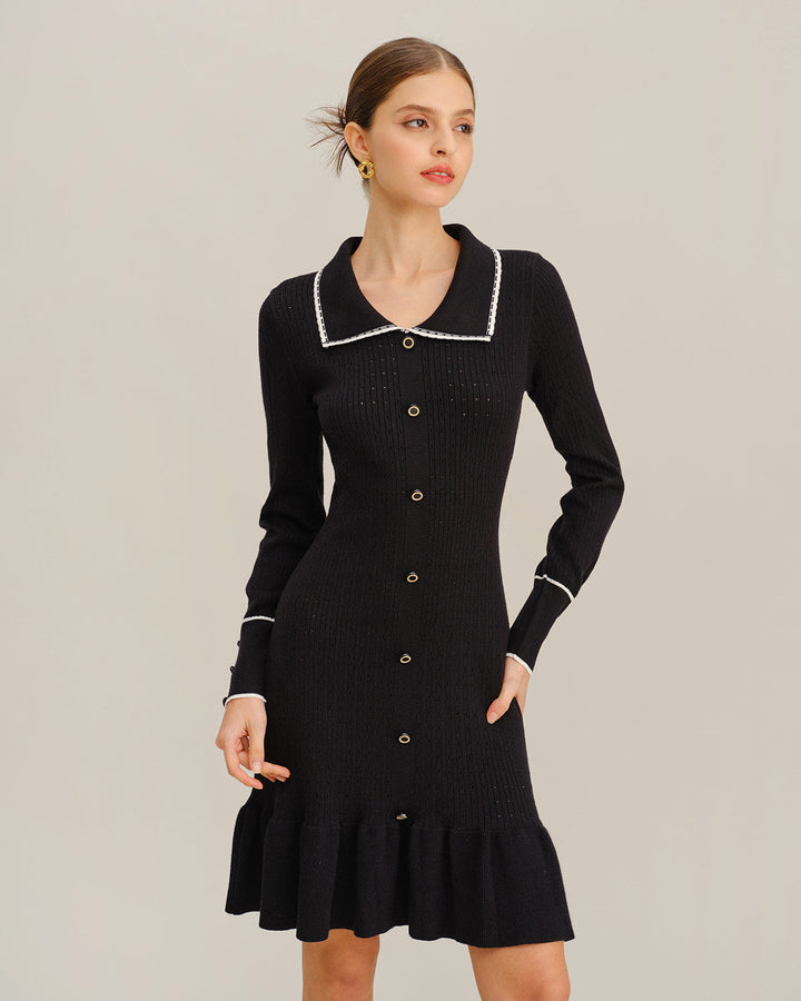 SALE | Black Contrasting Bodycon Button Sweater Dress