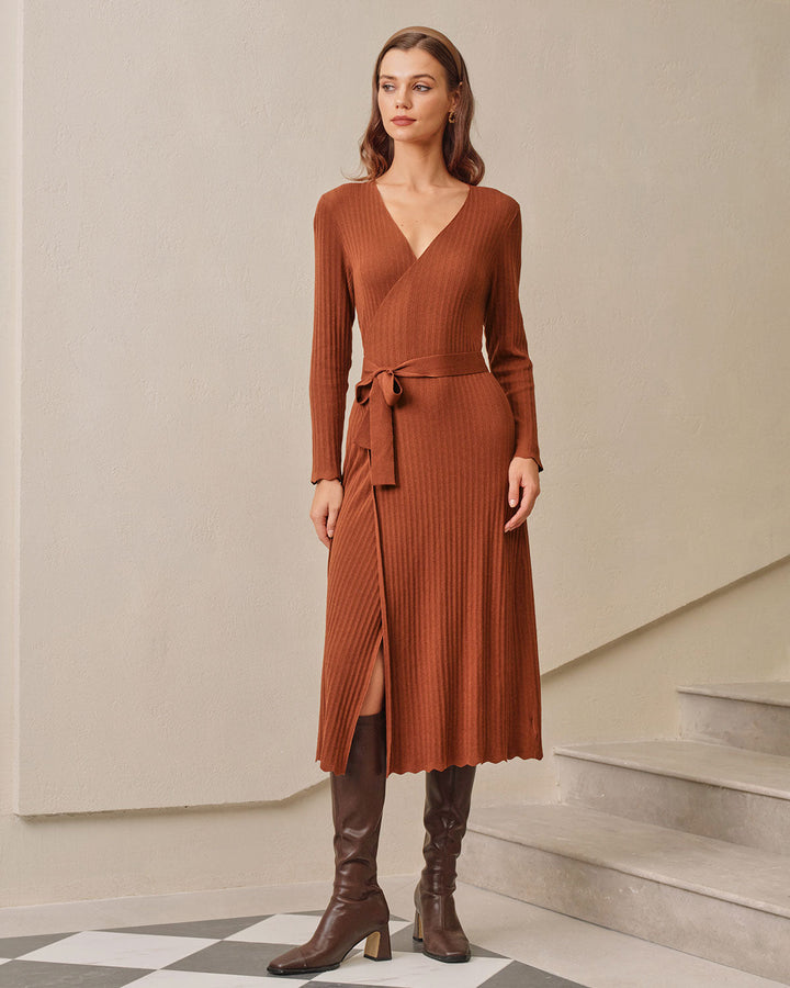 SALE | Caramel Knit Wrap Midi Dress