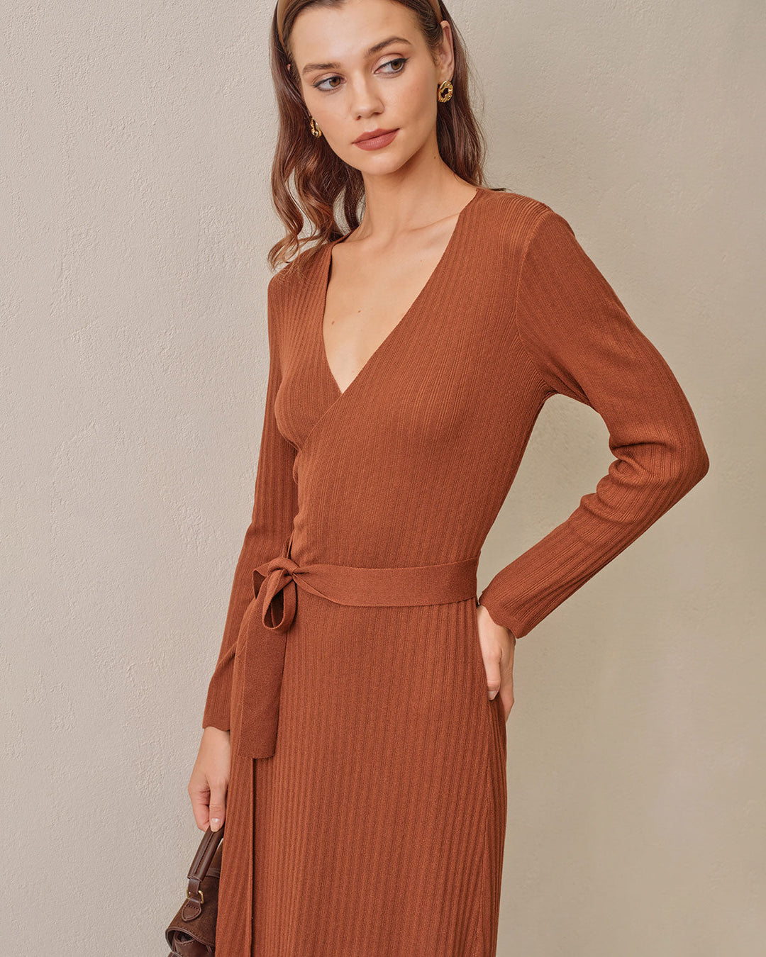 SALE | Caramel Knit Wrap Midi Dress