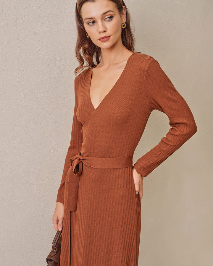 SALE | Caramel Knit Wrap Midi Dress
