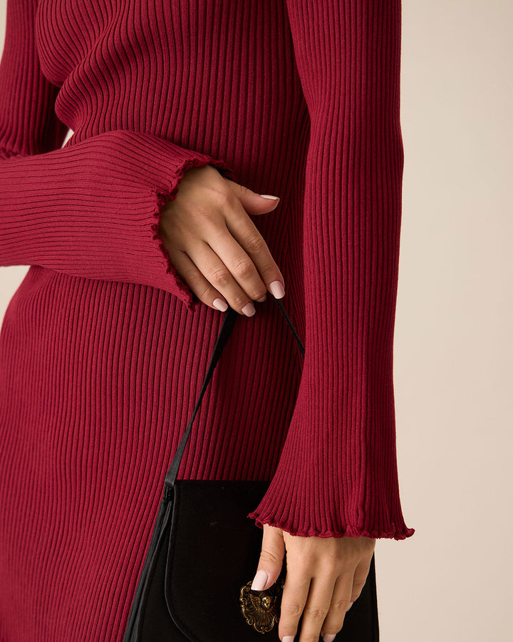 SALE | Women's Red Knit Bodycon Dress with Bell Sleeves