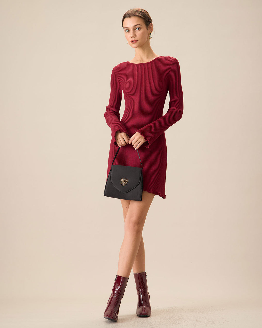 SALE | Women's Red Knit Bodycon Dress with Bell Sleeves