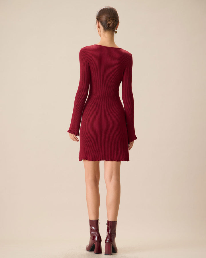 SALE | Women's Red Knit Bodycon Dress with Bell Sleeves