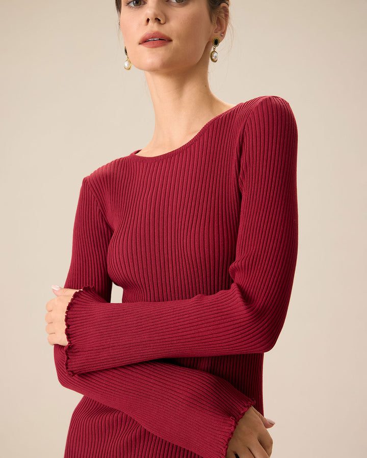 SALE | Women's Red Knit Bodycon Dress with Bell Sleeves