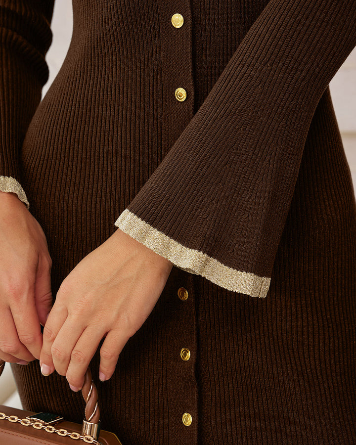 SALE | Sweater dress shirt with brown tone and pin clasp closures