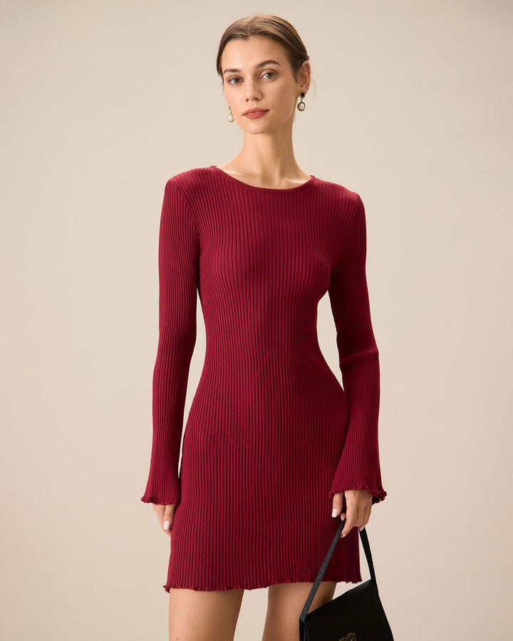SALE | Women's Red Knit Bodycon Dress with Bell Sleeves