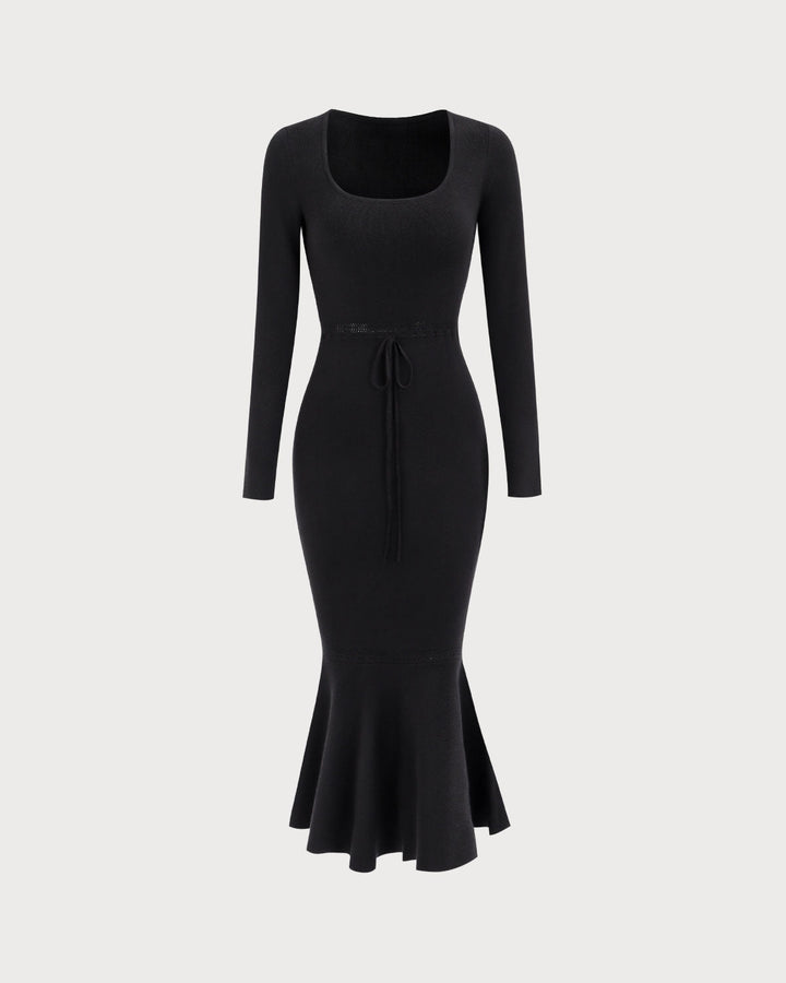 SALE | Elegant Women's Black Square Neck Mermaid Maxi Dress