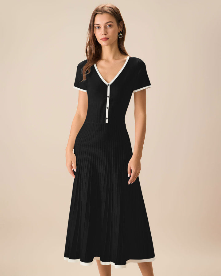 SALE | Elegant Contrast Black Knit Midi Dress