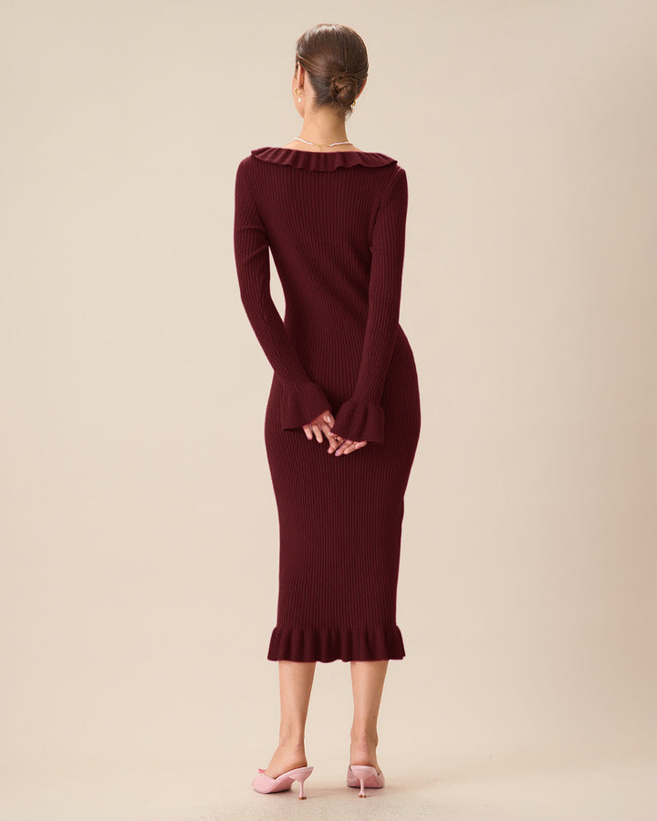SALE | Wine Red Bodycon Bell Sleeve Sweater Dress