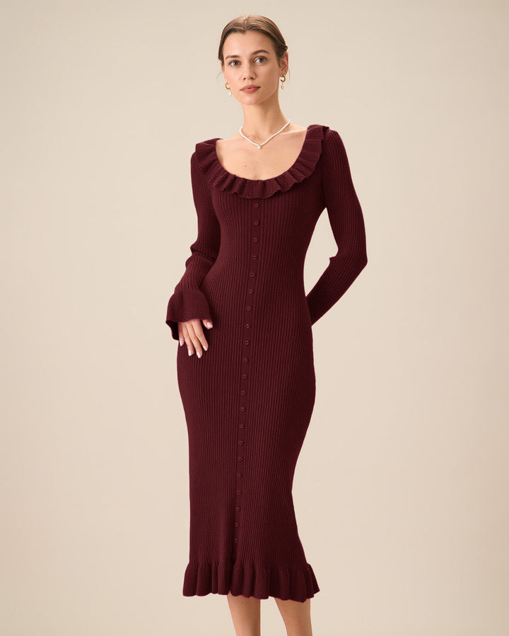 SALE | Wine Red Bodycon Bell Sleeve Sweater Dress
