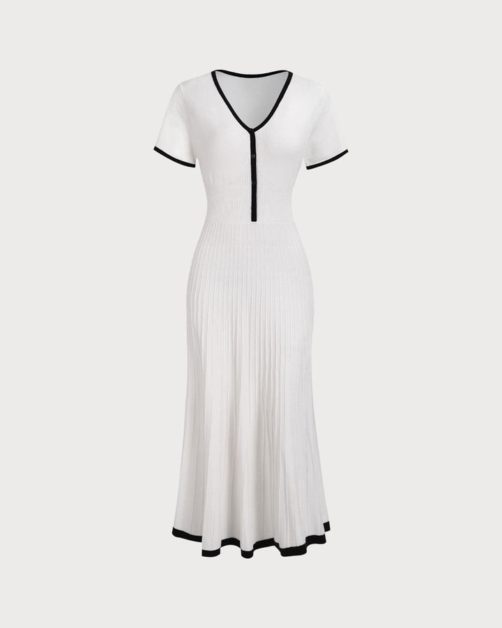 SALE | Elegant White Contrasting Women's Sweater Midi Dress for a Chic and Cozy Look