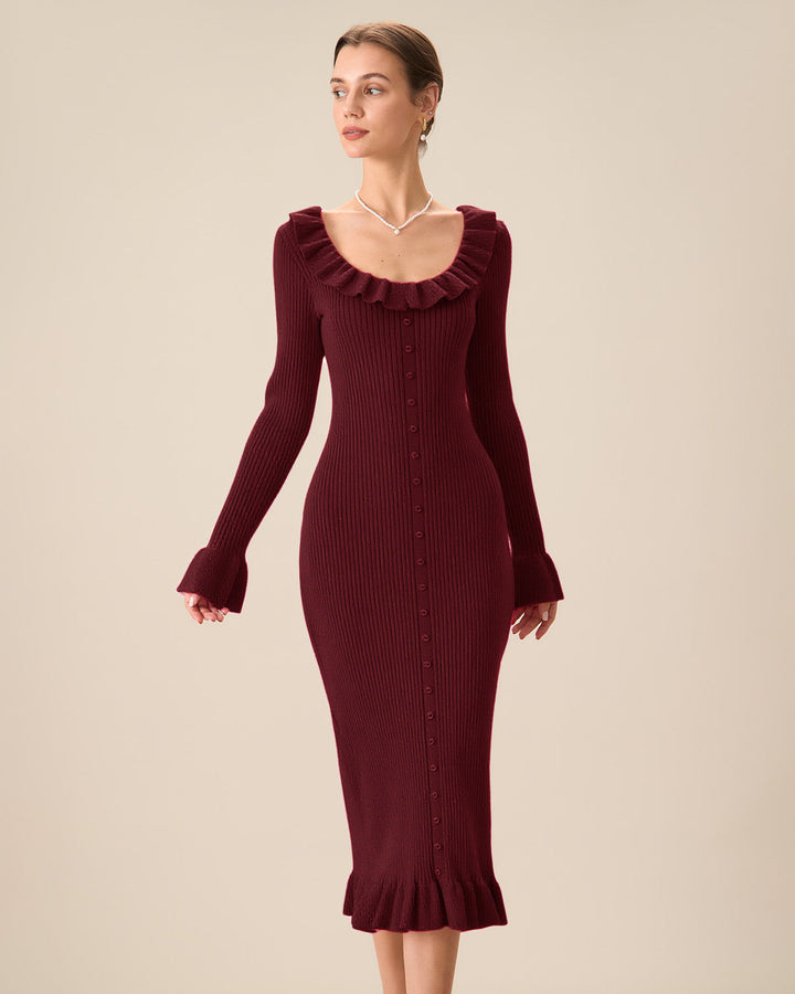 SALE | Wine Red Bodycon Bell Sleeve Sweater Dress