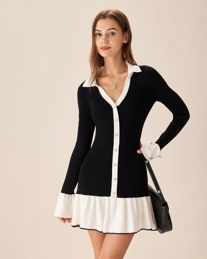 SALE | Black Knit Dress with Contrasting Balloon Sleeves for a Chic and Elegant Look