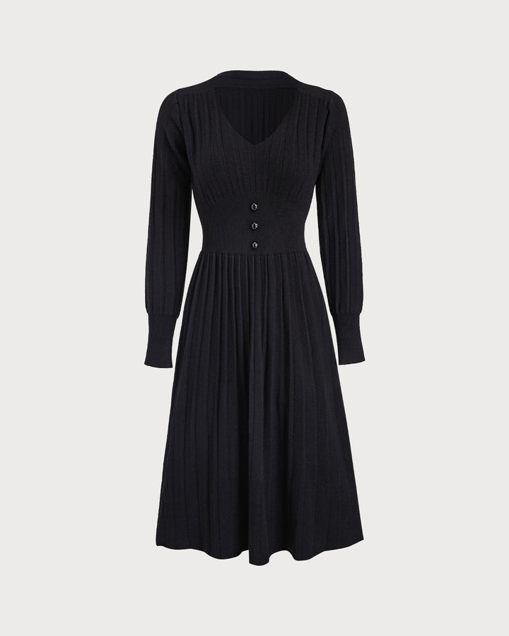SALE | Black V Neck Button Ribbed Sweater Dress