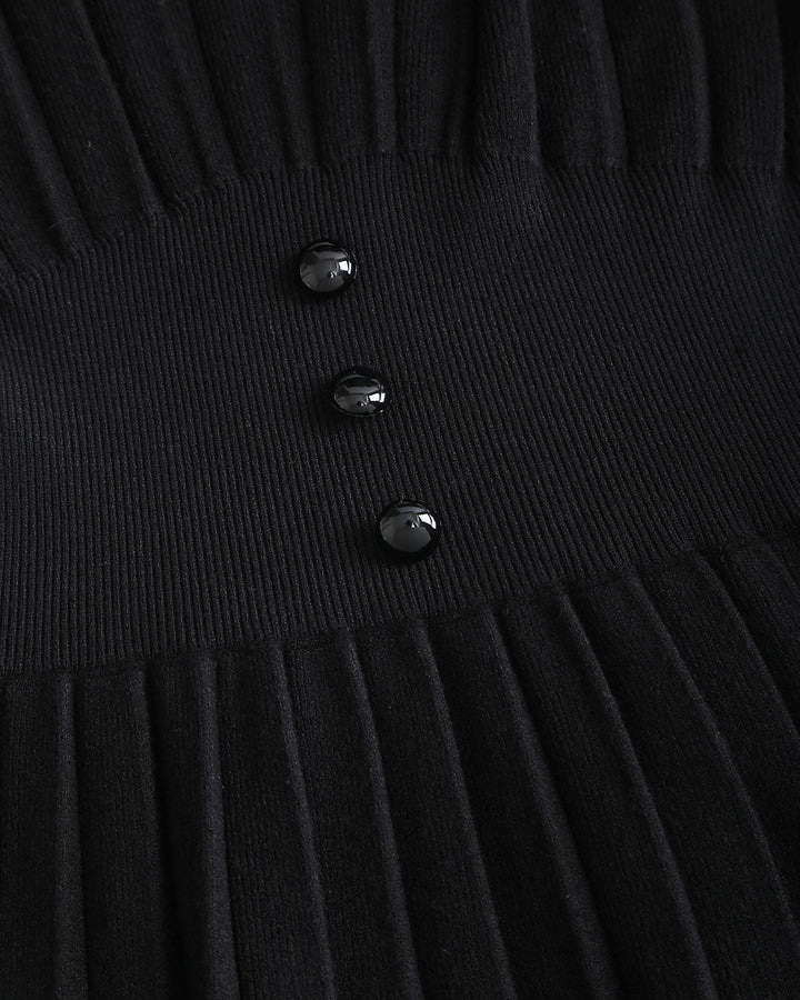 SALE | Black V Neck Button Ribbed Sweater Dress