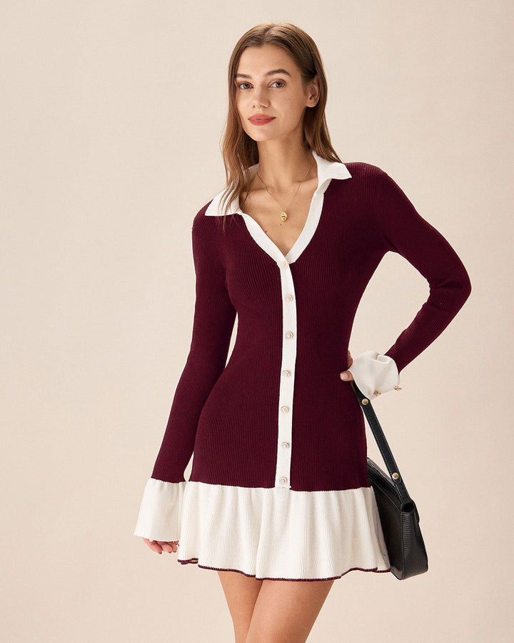 SALE | Wine Red Contrasting Sweater Dress