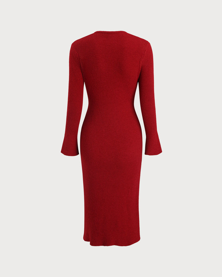 SALE | Red V Neck Ribbed Sweater Dress