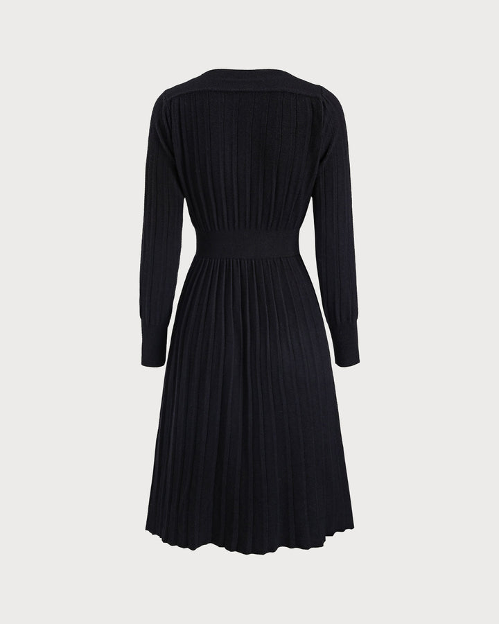 SALE | Black V Neck Button Ribbed Sweater Dress