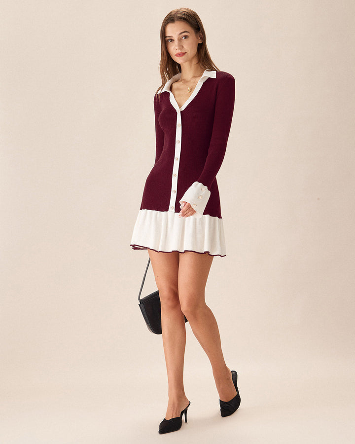 SALE | Wine Red Contrasting Sweater Dress