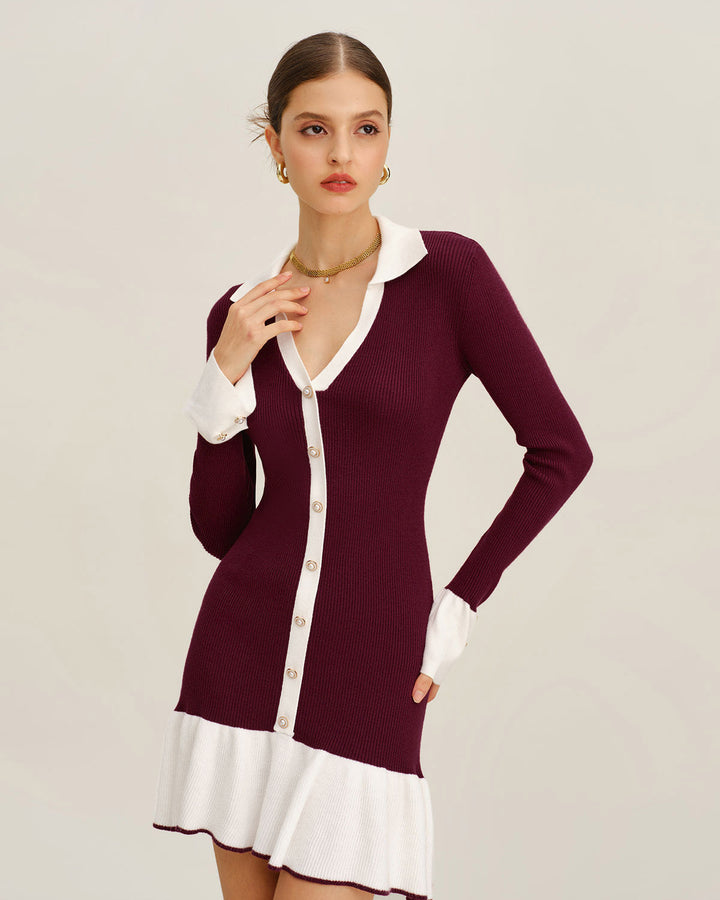 SALE | Wine Red Contrasting Sweater Dress