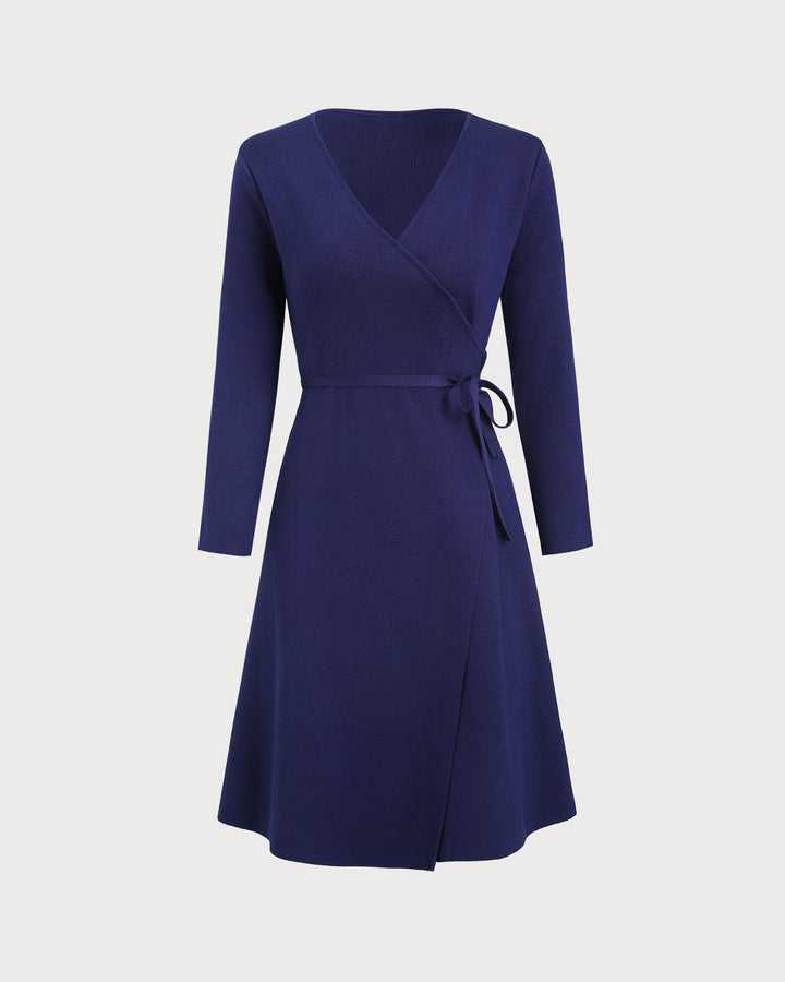 SALE | Navy V Neck Wrap Sweater Dress