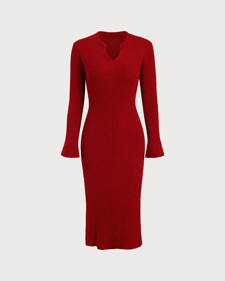 SALE | Red V Neck Ribbed Sweater Dress